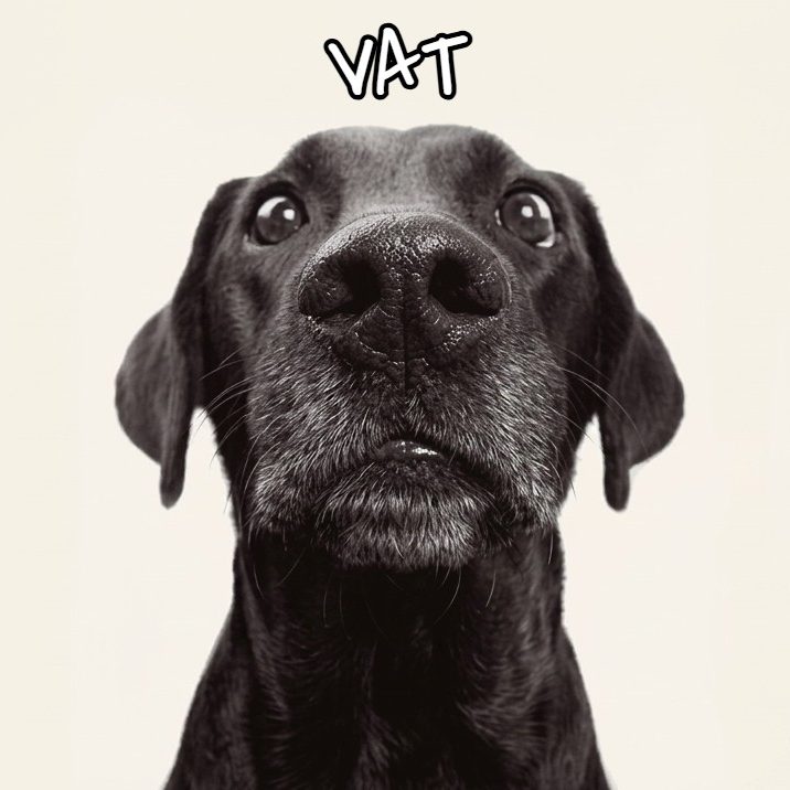 When you realise you're over the VAT threshold. But VAT can be a walk in the park. A monochrome portrait of an older black Labrador with a serious, slightly stunned expression, looking forward. Below its chin, the text 'VAT